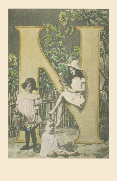 Une fille tenant un violon, une autre portant des fleurs, un bébé assis - French School