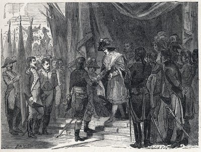 Napoléon Bonaparte (1769-1821) remet le traité de Campoformio aux membres du Directoire le 10 décembre 1797. Ce traité entre la France et l
