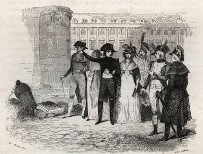 Napoléon se promenant avec Madame Tallien, née Thérèse Cabarrus, princesse de Caraman, princesse de Caraman Chimay (1773-1835) place Vendôme à Paris - gravure dans « Les rues de Paris ». Paris ancien et moderne : origines, histoire, monuments, costumes, mœ - French School