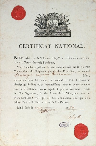 Certificat national de bonne conduite pendant la Révolution française, 8 août 1789 à Paris - French School