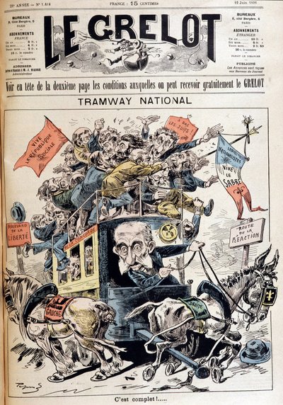 Tramway national : la France écartelée entre les idées de gauche et de droite, caricature sur le gouvernement Méline - dans « Le Grelot » du 12/06/1898 - French School