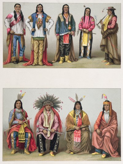 Amérindiens du bassin du Mississippi et du Colorado, illustration de Le Costume Historique par A. Racinet, publié à Paris en 1888 - French School