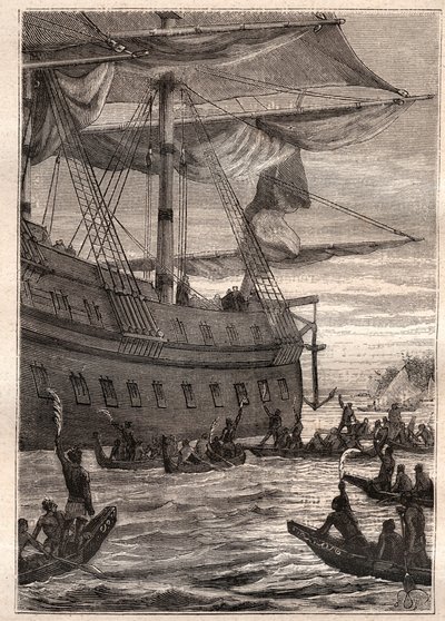 Les indigènes tenant des branches de bananiers en main : voyage de Samuel Wallis (1728-1795) en Polynésie - illustration tirée de "Les grands marins du XVIIIe siècle" - French School