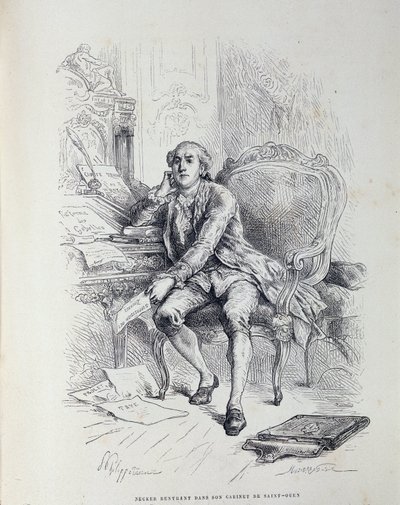 Necker dans son bureau à Saint-Ouen, entouré de notes « Réforme des Gabelles », « Taxes », « Abolition des Douanes » etc. - French School