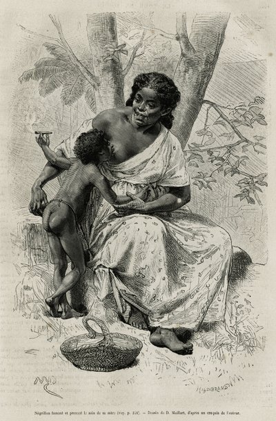 Négillon fumant et prenant le sein de sa mère, dans la région du Darién (est du Panama), gravure d