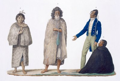 Indigènes néo-zélandais en tenue indigène et occidentale, 1826 - French School