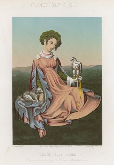 Jeune fille noble assise avec un faucon sur le bras - French School