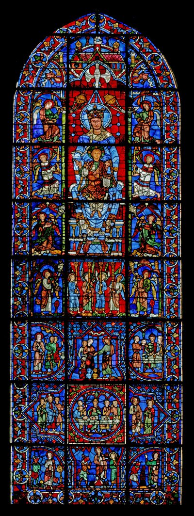 Notre Dame de la Belle Verrière ; en dessous, scènes des Noces de Cana et de la tentation du Christ dans le désert - French School