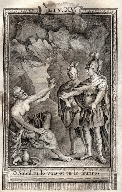 Ô Soleil tu le vois, et tu le souffres ! Ulysse me répondit sans bouger : Jupiter le veut... gravure de 1798 par Monnet dans "Les Aventures de Télémaque, fils d