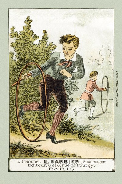 Les jours de congé, Léon et Lucien jouent au cerceau - dans « Alphabet des petits savants », fin 19e siècle (chromolithographie) - French School
