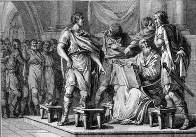 À la mort de Clotaire Ier, roi des Francs, ses quatre fils reçoivent chacun une partie du royaume. Leurs noms sont Caribert Ier ou Charibert (vers 520-567), Gontran Ier (vers 545-592), Sigebert Ier (535-575) et Chilpéric Ier (vers 539-584). Gravure. - French School