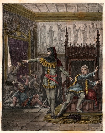 La guerre de Cent Ans : Le dauphin Charles (puis Charles V) (1338-1380) et Étienne Marcel (1302/1310-1358) qui a assassiné deux ministres (maréchaux) Robert de Clermont et Jean de Conflans dans la chambre du dauphin français - French School