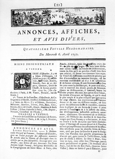 Une des « Annonces, Affiches et Revues Diverses », No. 14. - French School