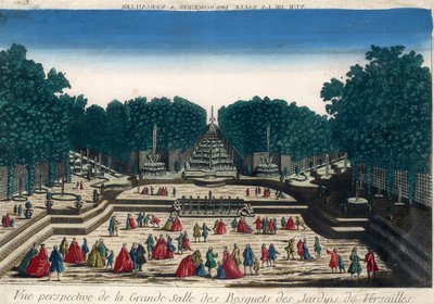 Vue optique : Vue en perspective de la grande salle des bosquets des jardins de Versailles. Gravure du XVIIIe siècle. - French School