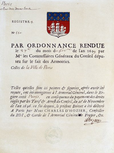 Ordonnance établissant les Armes de la Ville de Paris, 27 février - French School