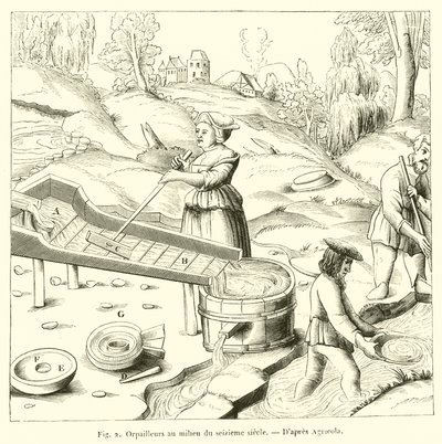 Orpailleurs au milieu du seizieme siecle (engraving) - French School