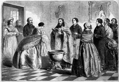 Rite orthodoxe - baptême : cérémonie de baptême, selon le rite grec, dans la haute société russe en 1858. L
