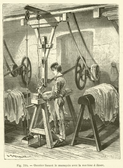 Ouvrier lissant le maroquin avec la machine a lisser - French School