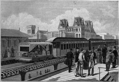 Aperçu de la gare du chemin de fer surélevé et du train électrique à New York, USA. Gravure dans « La Nature. Revue des sciences et de ses applications aux arts et à l
