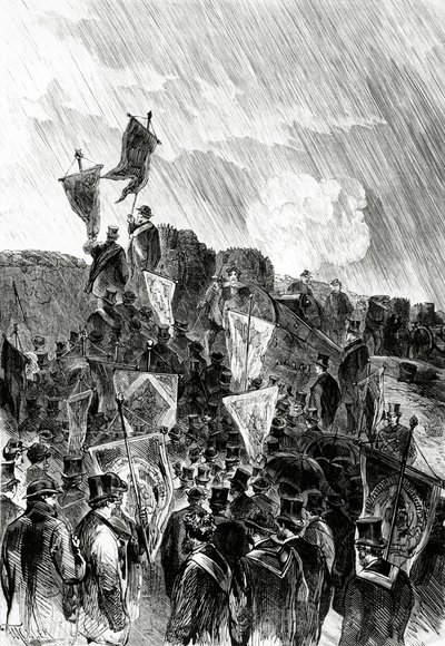 Manifestation pacifiste sur les fortifications par les francs-maçons le 28 avril 1870 pour demander la cessation du bombardement de Paris, de Le Monde Illustré, 5 mai 1870 - French School