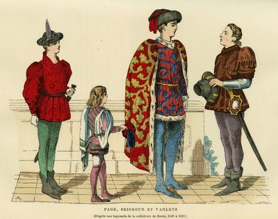 Costumes de page, seigneur et valet au XVe siècle. Gravure en couleurs d