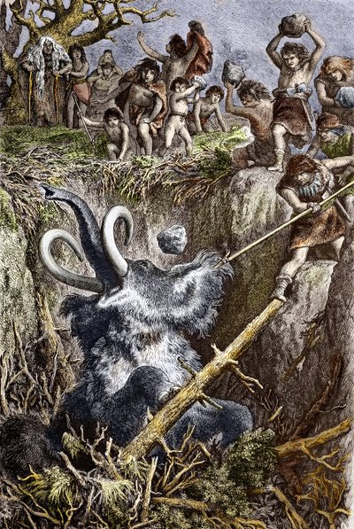 Paléolithique : scène de chasse au mammouth, une tribu d