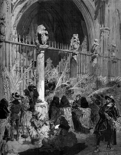 Dimanche des Rameaux en Espagne : vente de palmiers bénits devant la cathédrale de Tolède. Gravure dans « Le Monde Illustré » n°1200 du 27 mars 1880. - French School