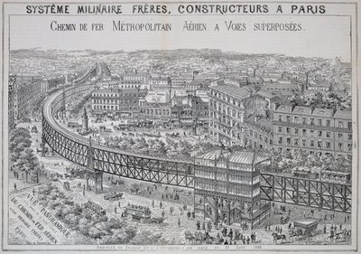 Vue panoramique du métro aérien à Paris, illustration de Le Métropolitain, mai 1885 - French School