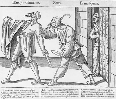 Pantalone, Zanni et Franceschina, scène de la Commedia dell