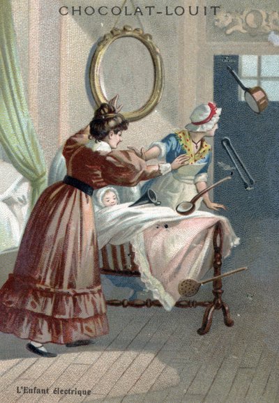 Activité paranormale: un nouveau-né déplaçant des objets par lévitation, chromolithographie de la fin du 19ème siècle - French School