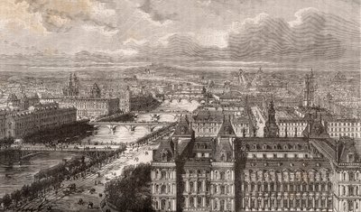 Paris - la Seine - les Ponts - vue prise de la tour Saint-Gervais - gravure dans «La France illustrée: géographie, histoire, administration statistique» par V.-A. Malt-Brown. 1884 - French School