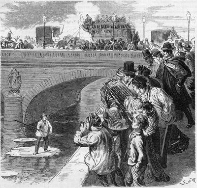 Paris, hiver 1870 : un enfant grimpe sur un glaçon en direction de la Seine, du pont de Bercy au viaduc de Passy. Gravure dans "Le Monde Illustré" n°672 du 26 février 1870 - French School