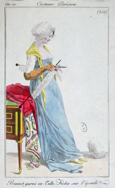 Costume parisien : bonnet orné de tulle, fichu sur les épaules, 1802 - French School