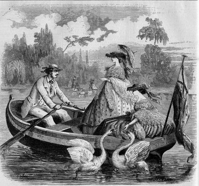 Modes parisiennes, été 1857 : promenade en bateau sur un lac. Gravure dans "Le Monde Illustré" n°24 du 26 septembre 1857. - French School