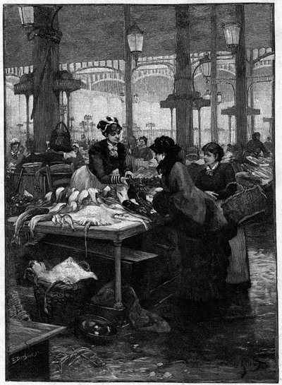 Scène parisienne au XIXe siècle : un marchand de poissons et un client aux Halles centrales. Dernière gravure d