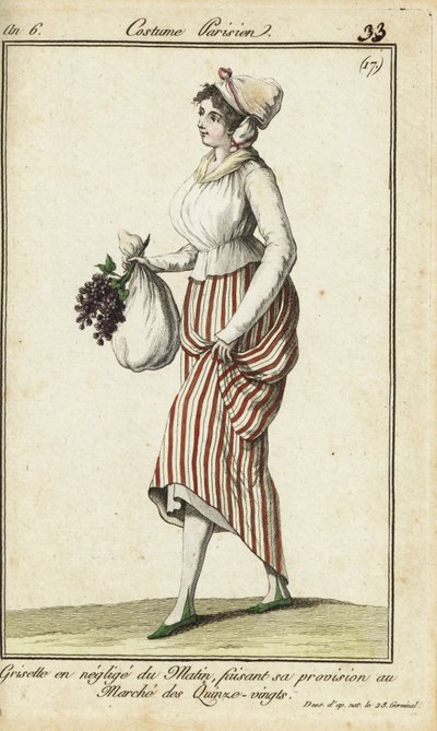 Jeune fille parisienne en robe de matin décontractée, 26 mars 1798 (gravure sur cuivre coloriée à la main) - French School