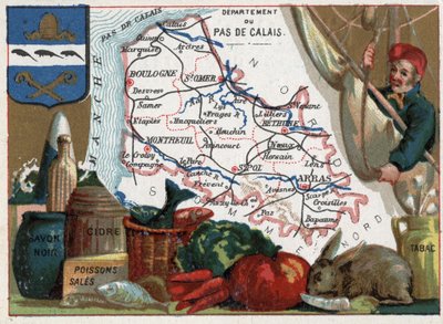 Pas-de-Calais (62), Nord-Pas-de-Calais, France. Spécialités locales : savon noir, poisson salé, cidre et tabac. Série sur les départements français. Chromolithographie « le fil géographique », vers 1920. Collection privée. - French School