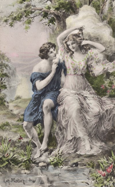 Couple pastoral (lithographie en couleur) - French School