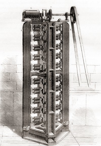 Moteur électro vertical de Paul-Gustave Froment, vers 1844, de Les Merveilles de la Science, publié vers 1870 - French School