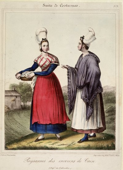 Paysannes dans les environs de Caen - lithographie - French School