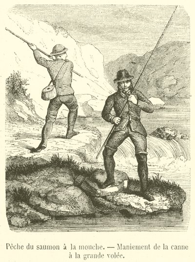 Pêche du saumon à la mouche, Maniement de la canne à la grande volée - French School