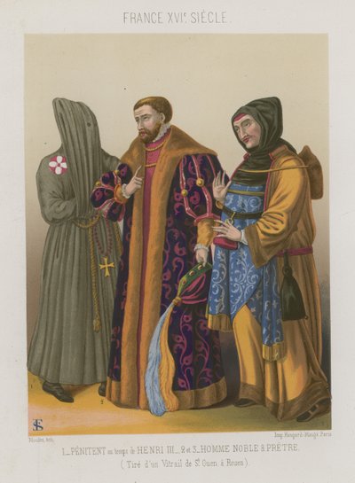 Pénitent du temps de Henri III avec un noble et un prêtre - French School