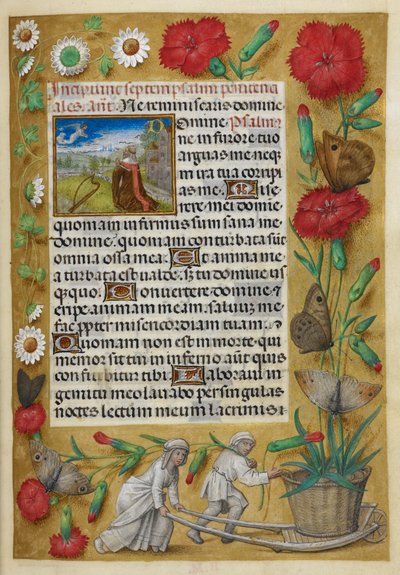 Psaumes pénitentiels. Pied du folio : femme poussant une brouette portant un grand œillet poussant d