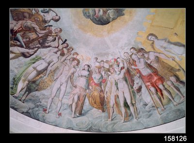Personnes de la cour des Médicis, avec Charles IX en Janus au centre, à sa droite les catholiques forgeant des armes pour la guerre, à sa gauche les protestants, aussi Catherine de Médicis en Junon et Diane - French School