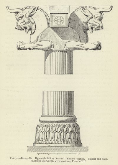 Persépolis, Salle hypostyle de Xerxès, Portique oriental, Chapiteau et base - French School