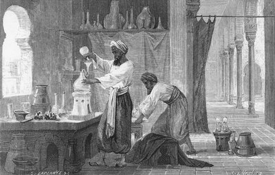 Alchimiste persan Rhazes dans son laboratoire - French School
