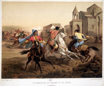 Escarmouche entre Persans et Kurdes en Arménie - lithographie - French School