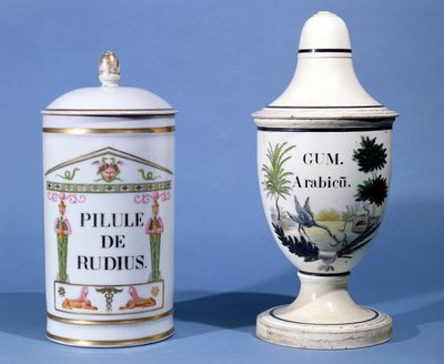 Pots pharmaceutiques pour Pilule de radius et Gomme arabique (faïence) - French School