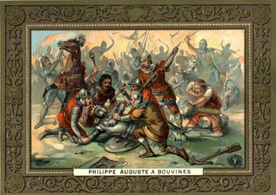 Philippe Auguste à Bouvines en 1214. Chromolithographie du 19ème siècle, coll. Bianchetti - French School