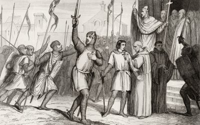 Philippe I (1052-1108) et le pape Urbain II (c.1035-99) rallient des partisans pour la Première Croisade en 1095, de 